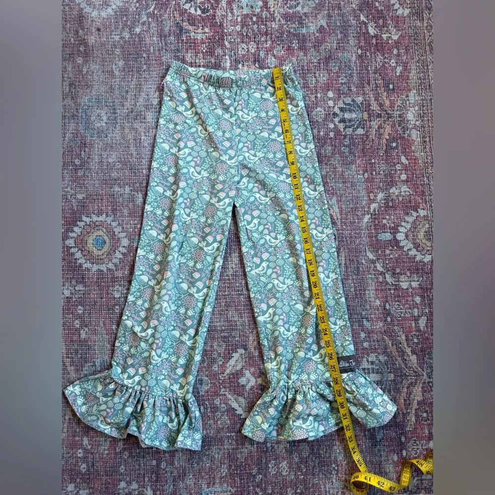 Matilda Jane Girls 12 Big Ruffled Hem Floral & Bird pattern Pants Mint & Pastel
